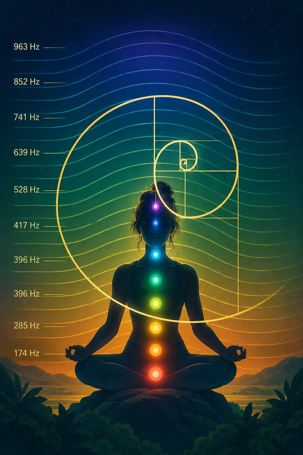 Persona meditando con los chakras iluminados y la espiral dorada